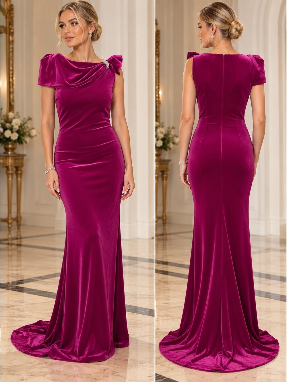 Badgley Mischka Magenta Fuchsia Velvet Draped Neck Bow Formal Evening Gown Sz 4